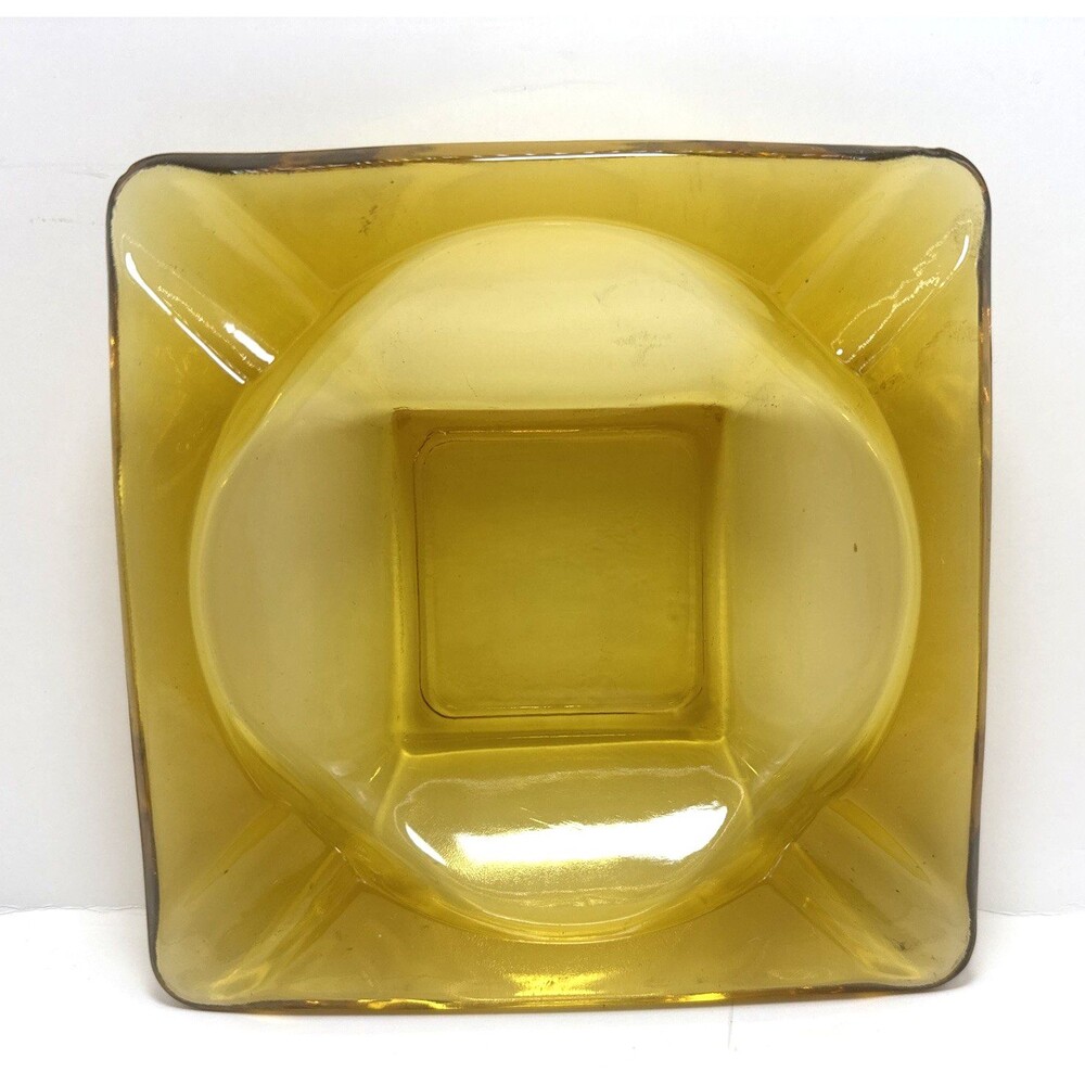 Vintage MCM Amber Glass Square Ashtray 6"x 6" 1960s Mod Madmen
